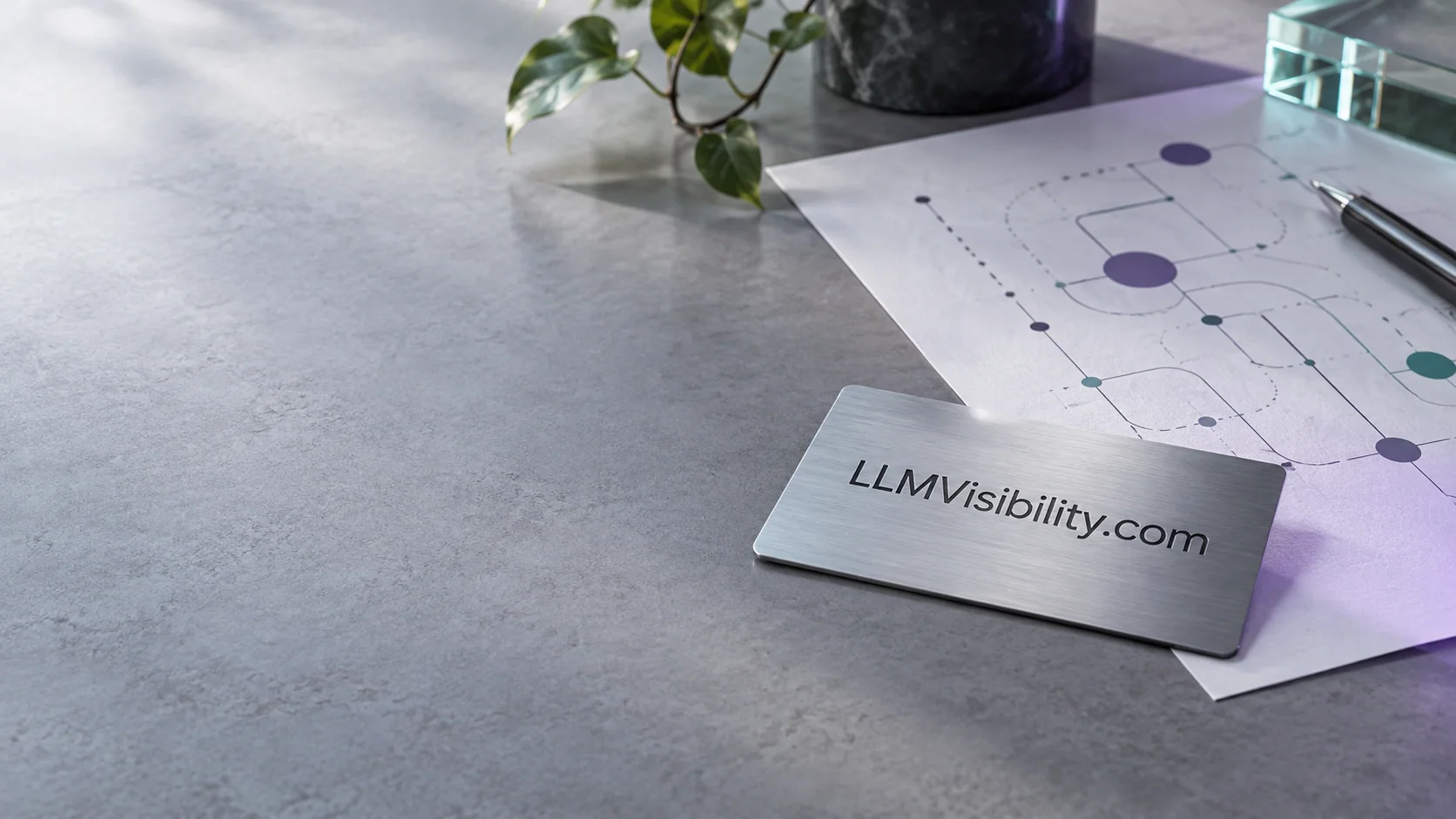 LLMVisibility.com on a matte card beside a paper signal diagram on a cool gray desk